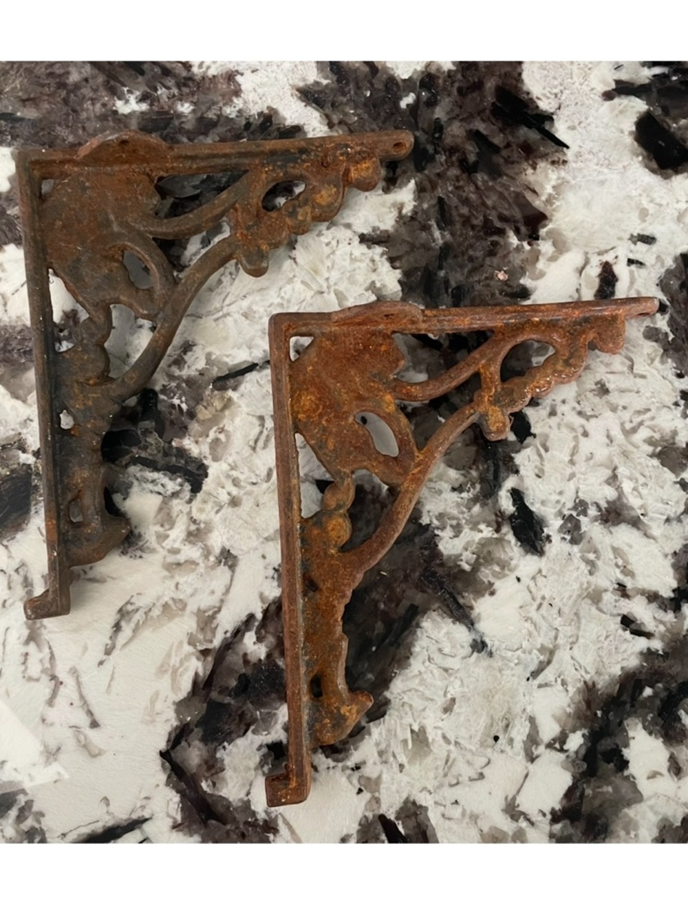 Rustic Brown Cast Iron Decorative Wall Shelf Bracket Pair 8” x 7”, Vintage
